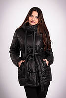 Куртка теплая женская черная с капюшоном плащевка средней длины Актуаль 050, 46