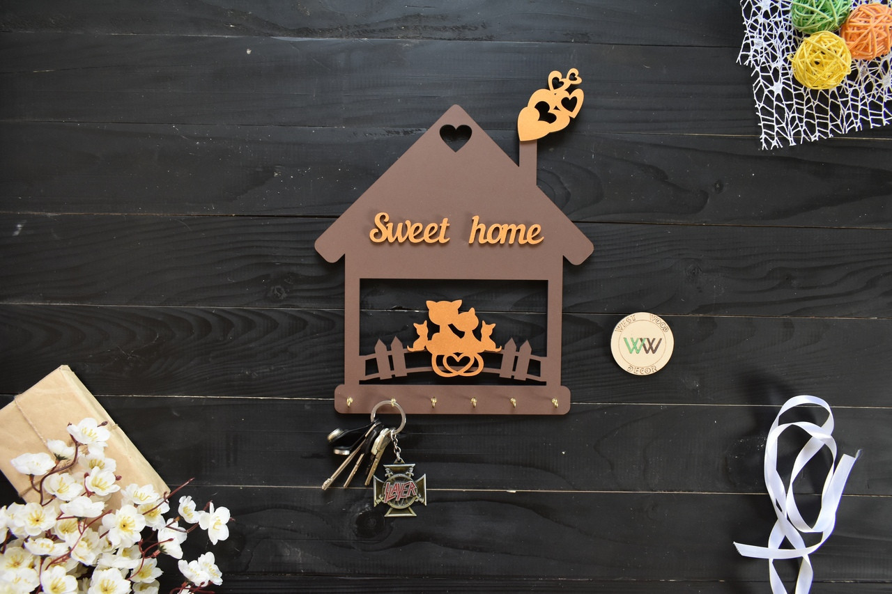 Дерев'яна ключниця "Sweet home", будиночок з котиками із дерева