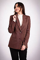 Піджак подовжений жіночий коричневий класичний із двома кишенями креп на ґудзиках Актуаль 029, 48