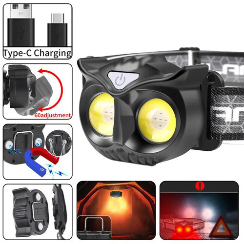 Ліхтар налобний WT208-2COB(white+red), магніт, гачок, ЗУ Type-C