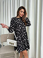 Красивое нежное женское мини платье свободного кроя цветочный софт с длинным рукавом хит продаж Черный1, 42/46
