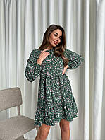 Красивое нежное женское мини платье свободного кроя цветочный софт с длинным рукавом хит продаж Зеленый, 42/46