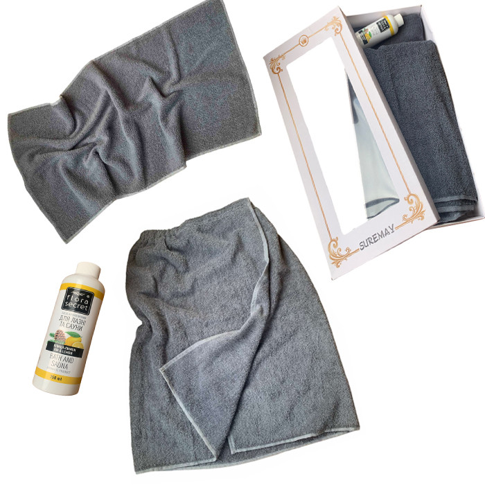 Чоловічий подарунковий набір для лазні, сауни в подарунковій упаковці - кілт, рушник, ароматизатор махра 400 г/м2 сірий, фото 1