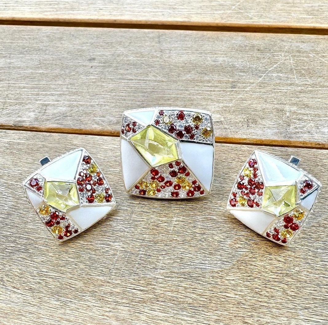 Ексклюзивний срібний набір з емаллю та жовтим фіанітом Мозаїка, фото 1