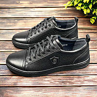 Мужские кожаные кеды (натуральная кожа) черные демисезонные, мужская обувь весна осень