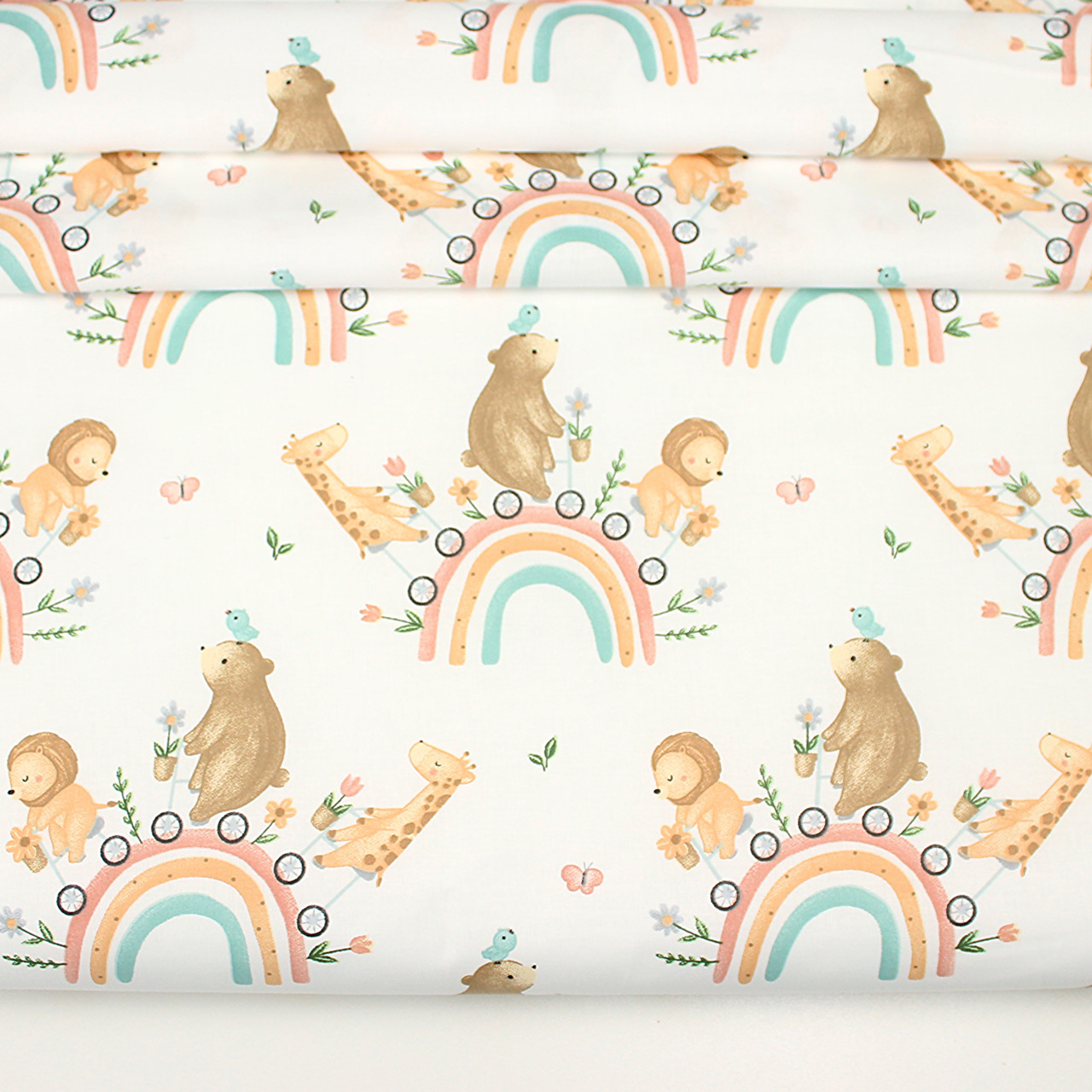 Люкс ранфорс шириною 240 см "Звірятка їдуть на велосипедах" по кольорових веселках № 26833-01, фото 1