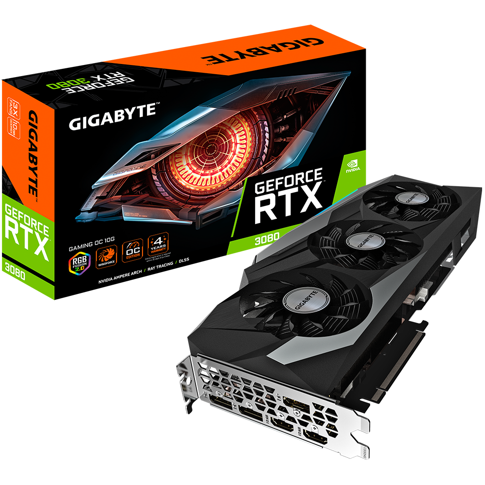 Видеокарта игровая GIGABYTE GeForce RTX 3080 GAMING OC 10G с стремя вентиляторами - фото 2 - id-p2112258737