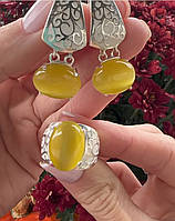 Комплект украшений из серебра с желтым улекситом и эмалью "Стелла" Серебряный набор серьги и кольцо