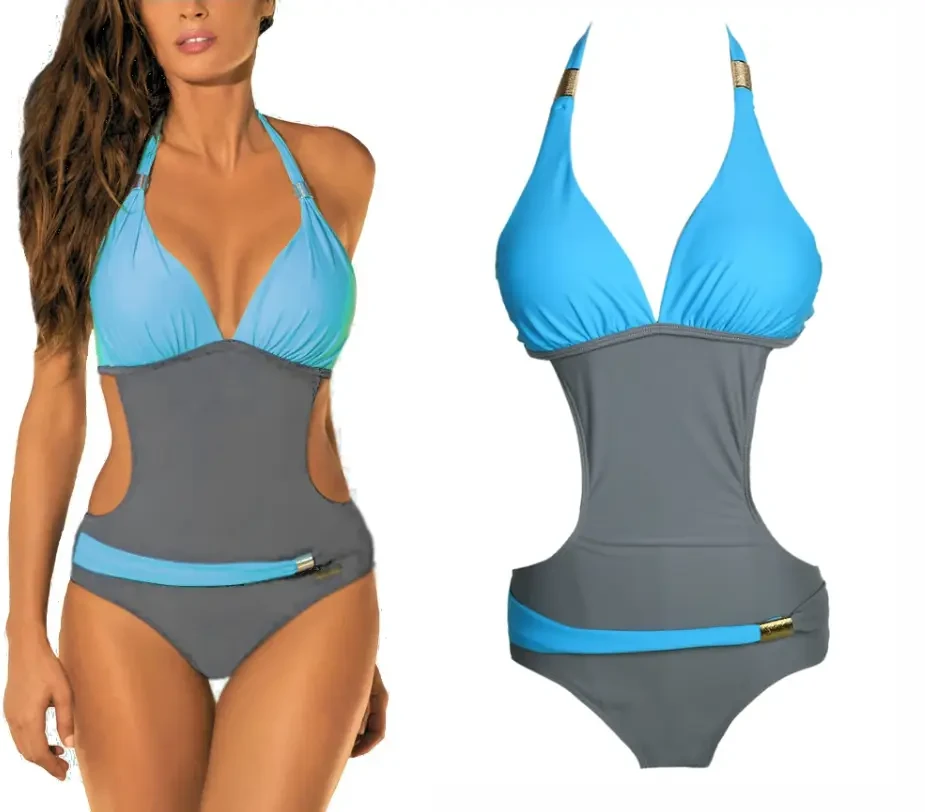 Жіночий купальник сіро-блакитний на зав'язках, фото 1