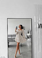 Эффектное короткое платье мини женское с открытыми плечами на резинке и пышной юбкой клеш размер 42-46 Белый