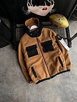 Мужская брендовая куртка Stone Island плюшевая / коричневая с капюшоном