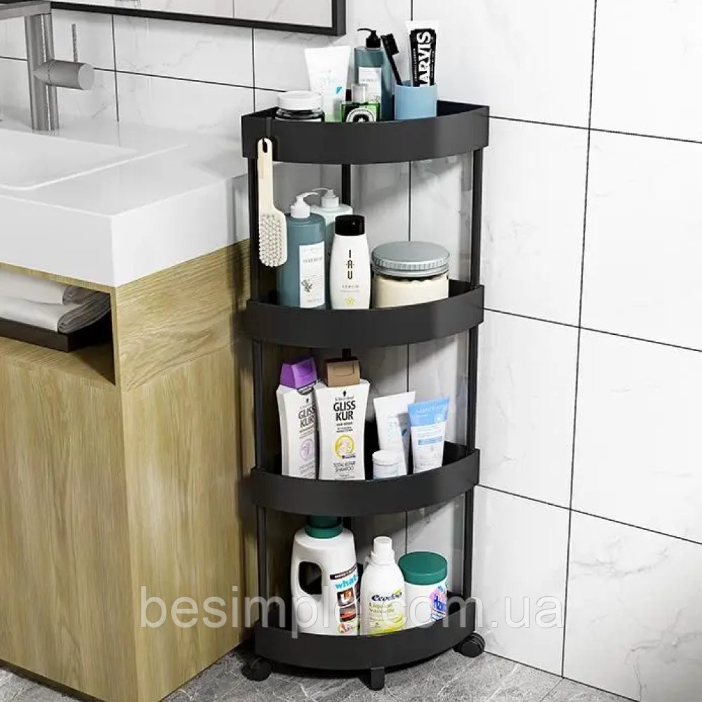 Кутова стійка для зберігання у ванній на 4 яруси, SHOE RACK 107-3, Чорна / Підлоговий стелаж поличка у ванну, фото 1