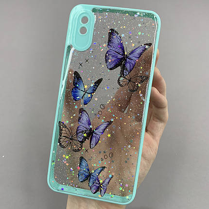 Чохол для Xiaomi Redmi 9A чохол з метеликами із захистом камери на сяомі редмі 9а бірюзовий a0i, фото 1