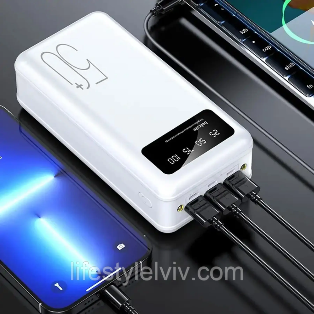 Powerbank 10 000 mAh c 3 USB та ліхтариком, Viaking smart-quality N7, Білий / Зовнішній акумулятор з дисплеєм
