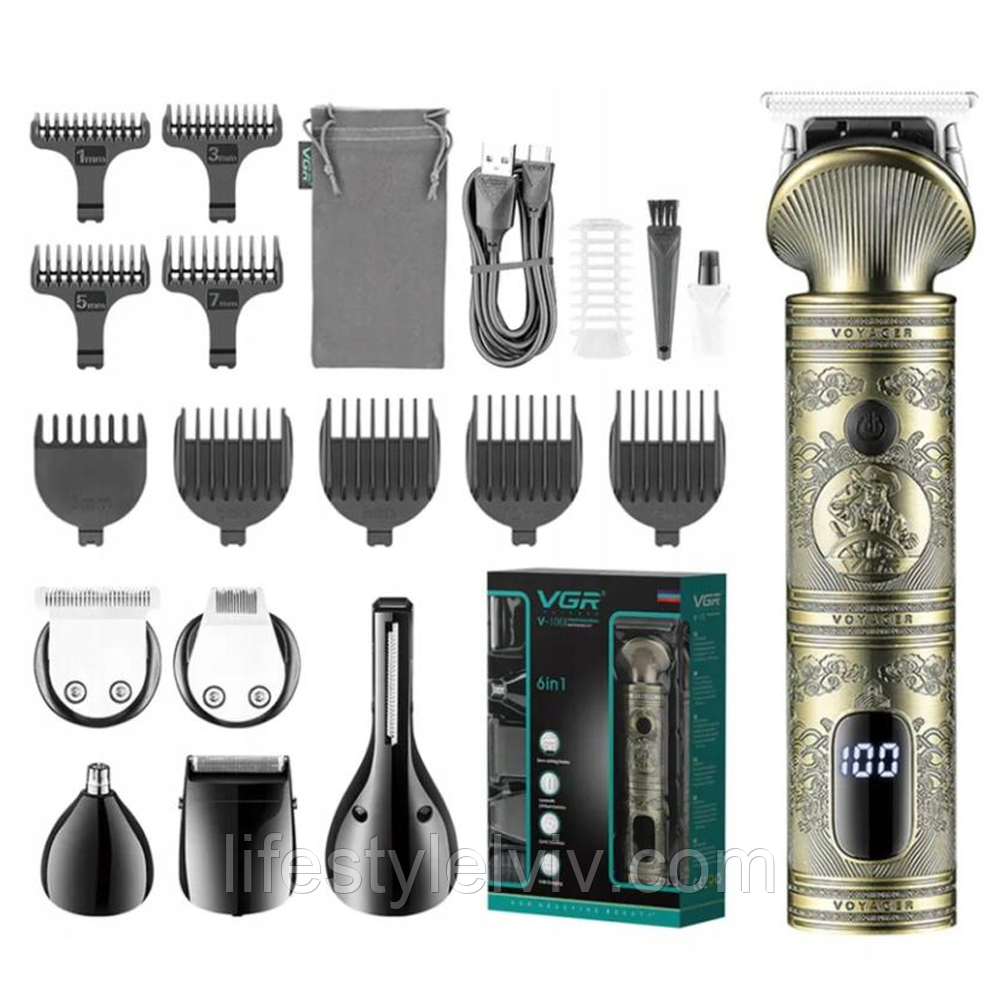 Акумуляторна машинка для стрижки 6в1 + 9 насадок, з USB, VGR V-106 / Професійний чоловічий тример