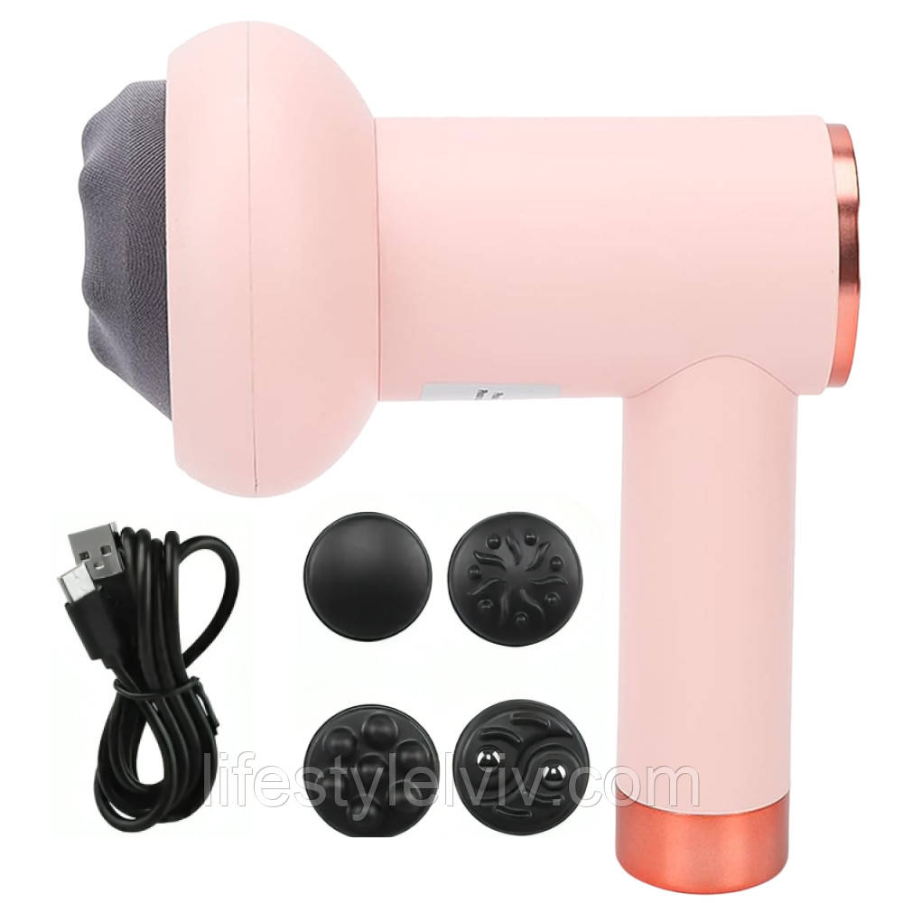 Антицелюлітний масажер для тіла 4в1 з насадками, Deep Rolling Massager, Рожевий/Акумуляторний масажер