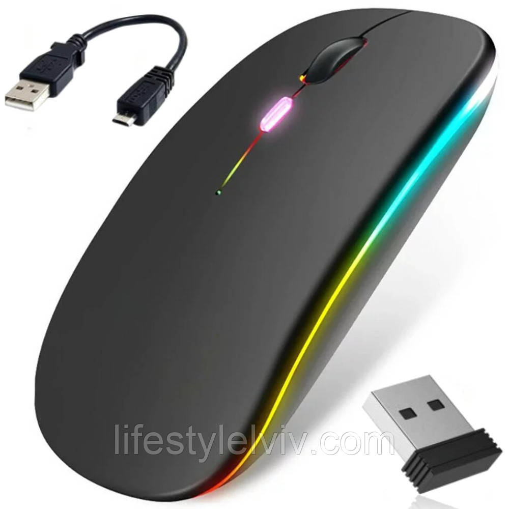 Бездротова миша з Bluetooth + RGB підсвічування / Акумуляторна мишка для комп'ютера / Безшумна миша, фото 1
