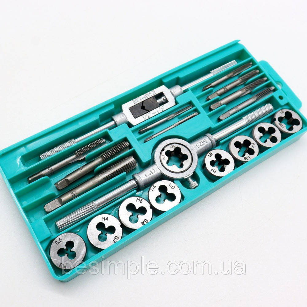 Набір мітчиків та плашок 20 шт, в кейсі / Плашки для нарізування різьби / Сталеві плашки та мітчики, фото 1