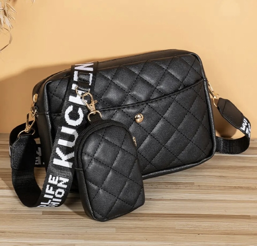 Жіноча сумка чорна через плече з тканинним ремінцем і гаманцем