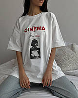Женская белая футболка оверсайз хлопковая с принтом CINEMA