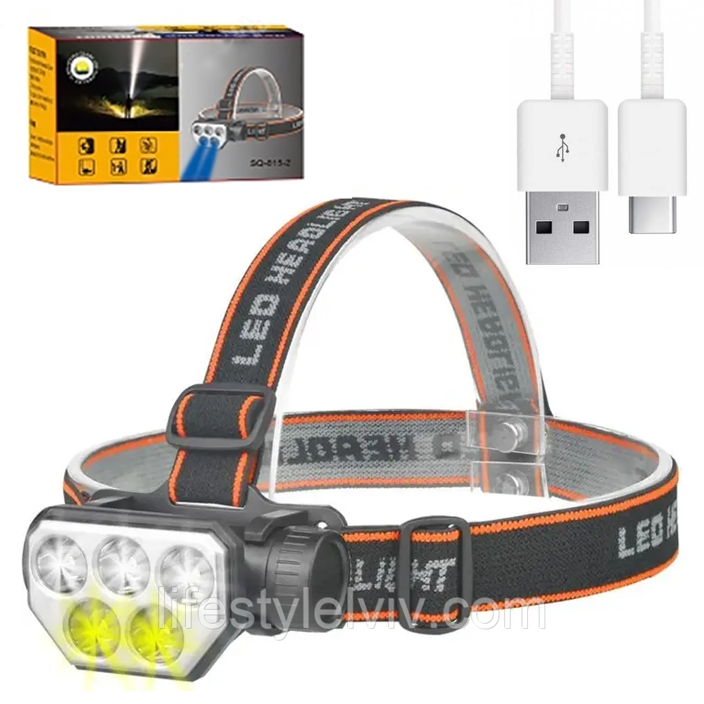Ліхтар налобний SQ-815-2-3LM+2LED, з USB / Акумуляторний світлодіодний ліхтарик на голову, фото 1