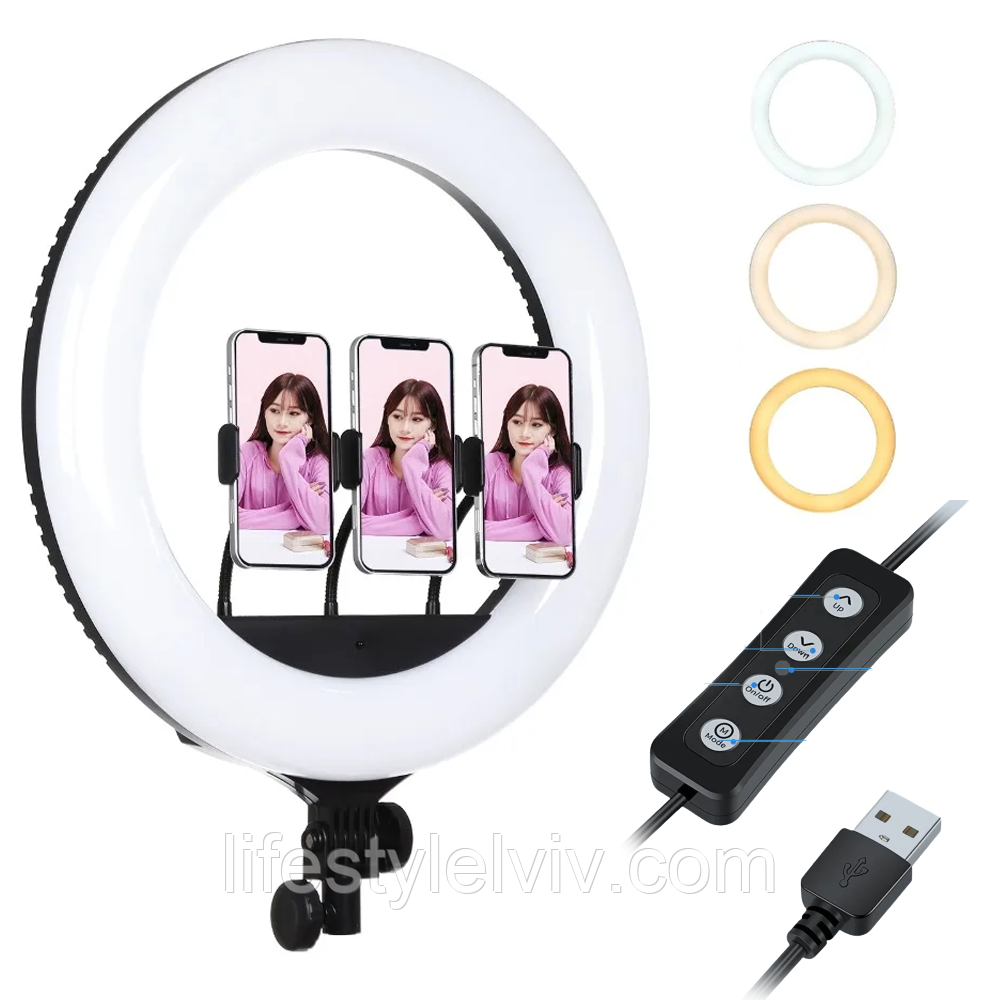 Кільцева LED лампа 33 см, з USB, Ring Fill Light QX-300 з потрійним кріпленням / Світлодіодна лампа кільце