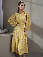 Желтое приталенное платье из цветочного шифона, размер L