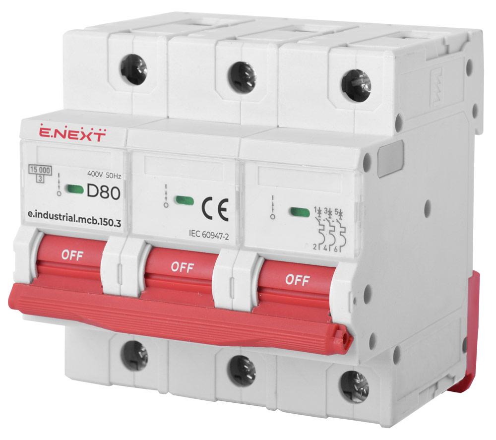 Модульний автоматичний вимикач e.industrial.mcb.150.3.D80, 3р, 80А, D, 15кА