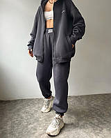 Распродажа женский графитовый костюм оверсайз кроя: худи на молнии и штаны с высокой посадкой на теплом флисе