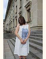 Сукня туніка літня лляна біла "Zirka-блакитна" з ручною вишивкою без рукавів