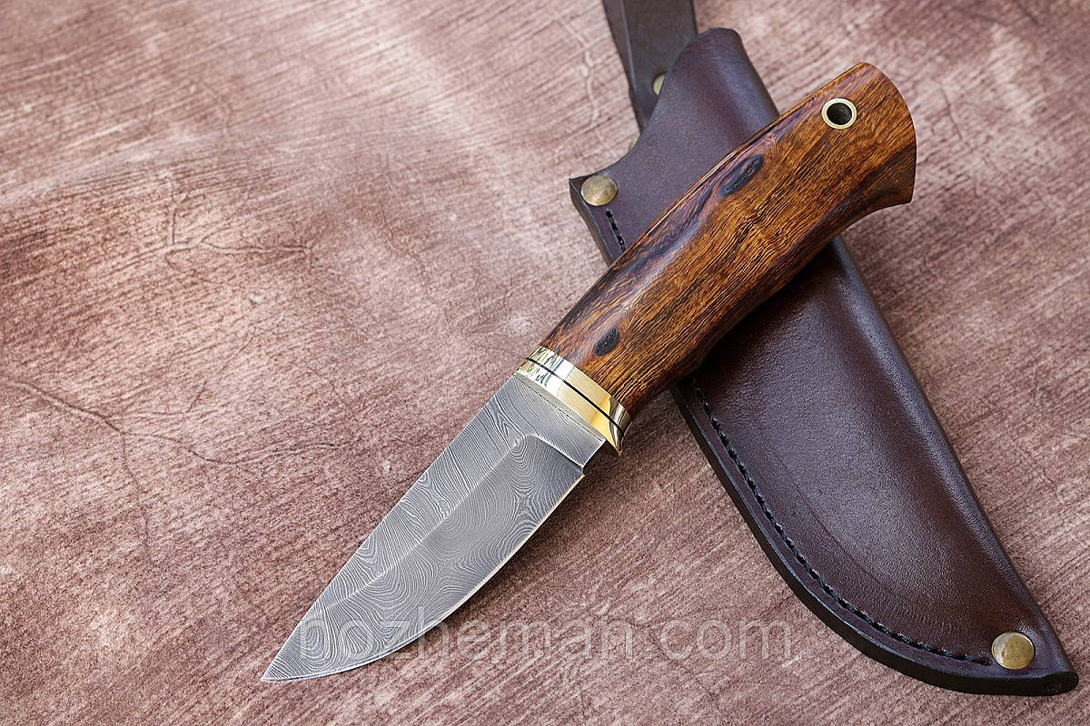 Ніж ручної роботи нескладний Боров, мисливський ніж з дамаської сталі, зі шкіряним чохлом у комплекті, фото 1