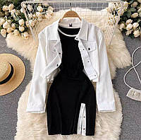 Женский комплект, рубашка+платье, 42-44, 46-48, черный с белым, рубашка трикотаж, пиджак джинс-бенгалин
