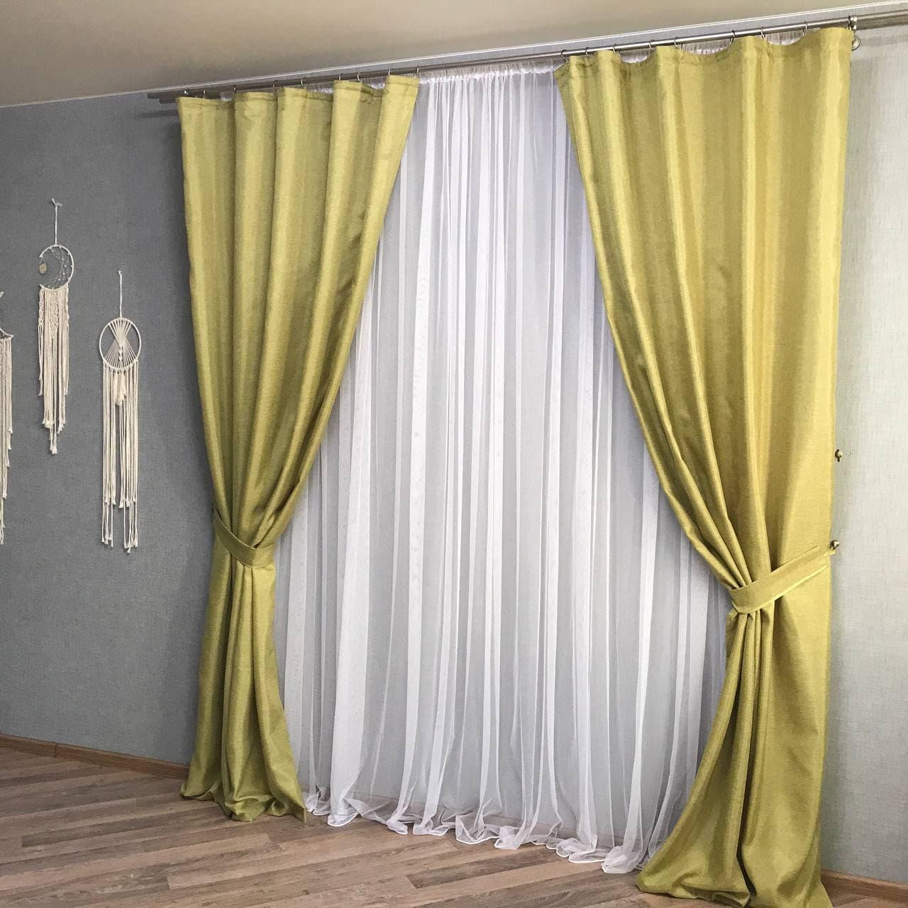 Готові штори з тюлем на вікна ALBO, Оливкові однотонні штори на тасьмі в спальню і біла тюль