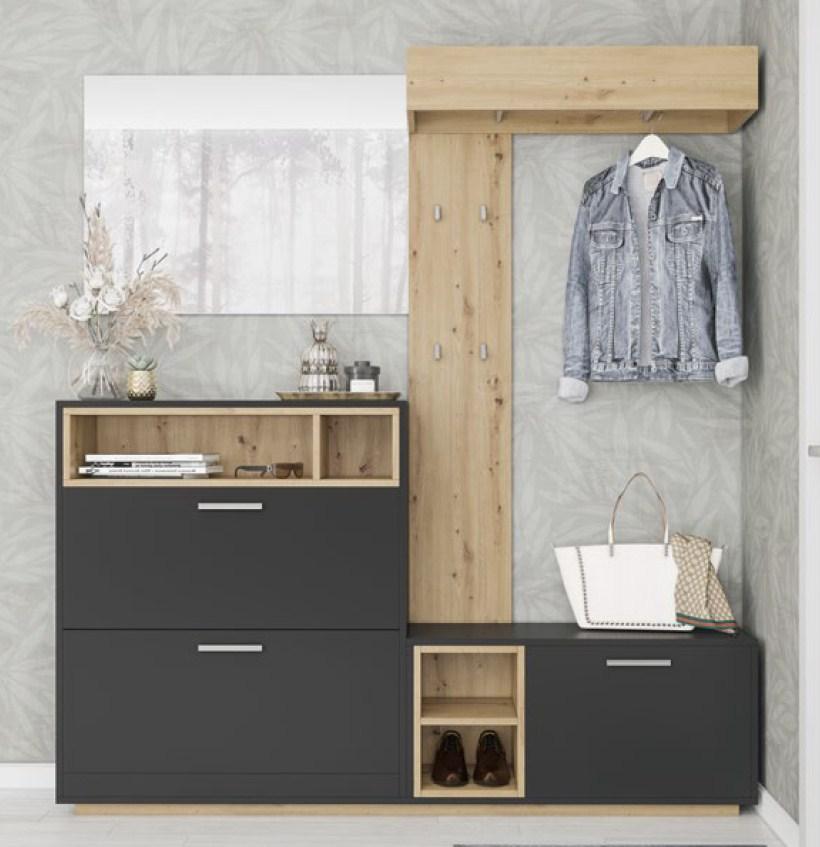 Сучасний сірий вузький передпокій з сидінням у довгий коридор з дзеркалом і тумбою для взуття 180 см Хайді Світ Меблів