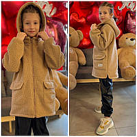 Детское демисезонное пальто Тедди (Теди) на девочку весна/ осень, весенняя пушистая меховая куртка - бежевая 128