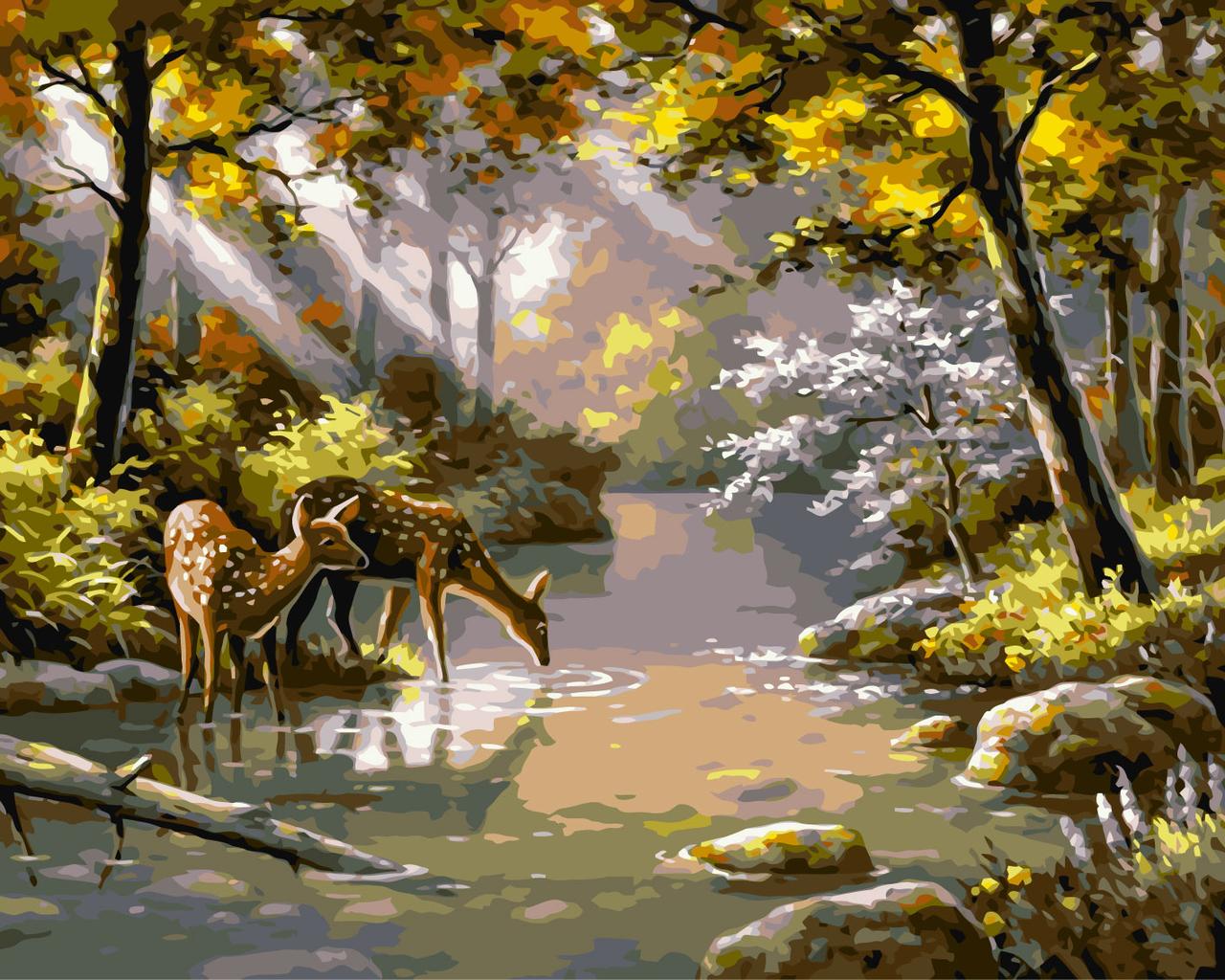 Картина за номерами Пейзаж Косулі біля водопою Origami 40*50 см LW3008