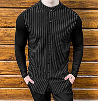 Мужская классическая рубашка черная коттоновая воротник-стойка , Удобная черная рубашка в полоску приталенная