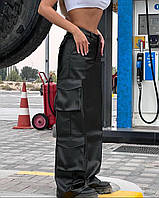 Женские стильные брюки карго, 40-42, 42-44, 44-46, черный, эко кожа с начесом.