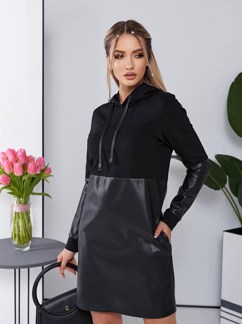 Жіноча чорна спортивна сукня, з еко кожею арт. 514, фото 1