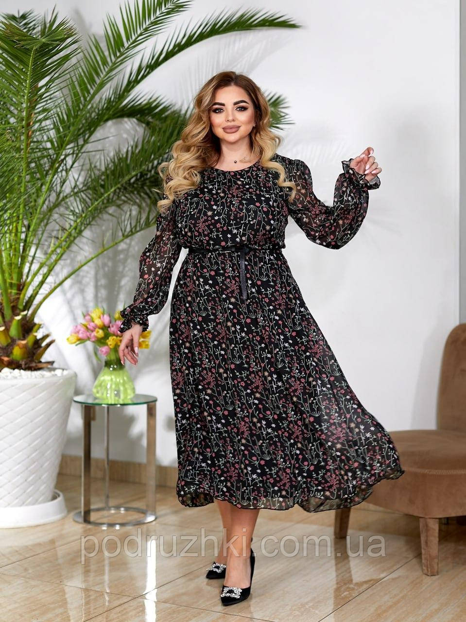 Шикарне жіноче плаття із шифону на трикотажній підкладці Розміри 50-52, 54-56, 58-60, 62-64, фото 1