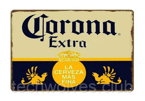 Винтажная металлическая табличка Corona Extra RESTEQ 30х20 см. Металлическая вывеска для декора Корона Экстра