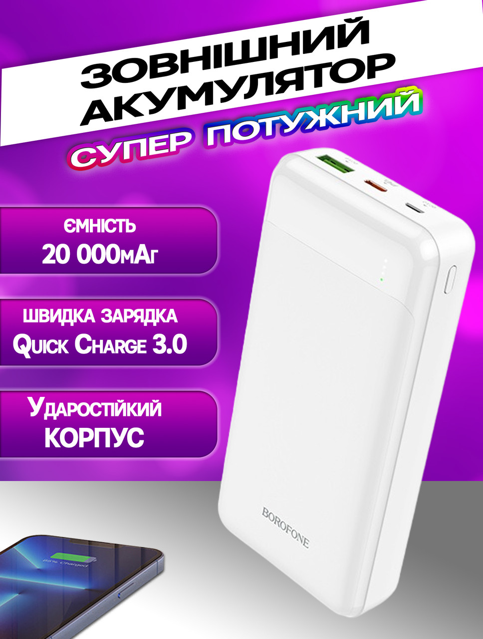 Повербанк BOROFONE 19A-20000мАг Power Bank 2хUSB, MicroUSB/Type-C, протиударний, вогнетривкий Білий, фото 1