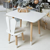 Прямоугольный стол и стул детский белоснежный зайчик. Столик белый детский столик