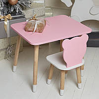 Детский прямоугольный стол и стульчик ведмежонок с белым сиденьем. Столик розовый детский