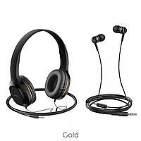 Новинка! Комплект дротових навушників накладні + вакуумні Hoco W24 Чорні із золотим