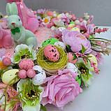 Весняний та пасхальний віночок-композиція зі свічкою та зайчиками на стіл 30 см, фото 8