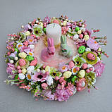 Весняний та пасхальний віночок-композиція зі свічкою та зайчиками на стіл 30 см, фото 5