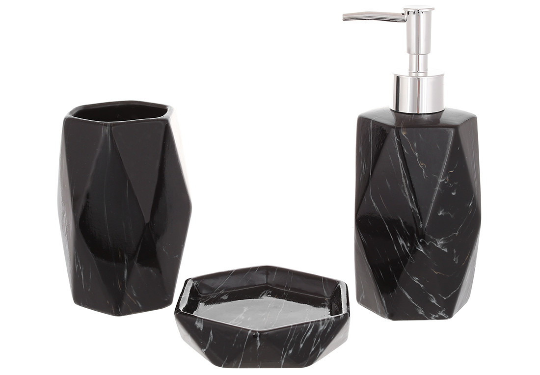 Набір для ванної кімнати (3 предмети) дозатор для мила, склянка для зубних щіток та мильниця, дизайн - чорний мармур 851-318 ТОВАР