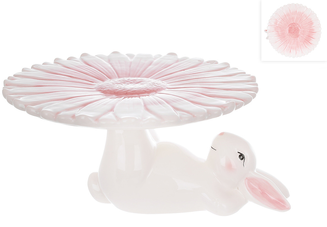 Подставка для кулича/торта керамическая Кролик с цветком, D22.8*12см, цвет - белый с розовым 733-581 ТОВАР ОТ - фото 1 - id-p2112598006