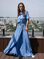 Голубое длинное платье-рубашка на пуговицах, размер S